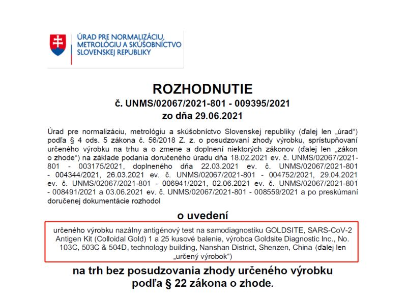 Kit de autoevaluaci��n GOLDSITE SARS-CoV-2 aprobado por UNMS Slovak